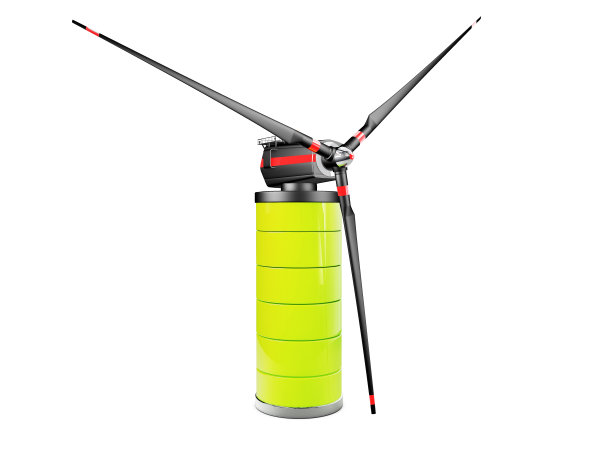 风车在电池上。电力和可再生，发电机，生态标志。三维演示图片下载