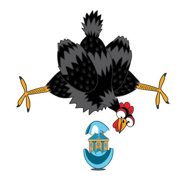 下蛋的母鸡下了一个蛋和一个小房子。图片下载