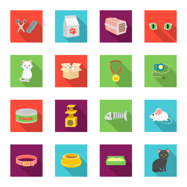 一个动物猫平面图标在集合设计。关心一个猫矢量符号股票网络插图。图片下载