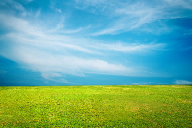 绿色的田野，蓝色的天空和淡淡的云彩图片下载