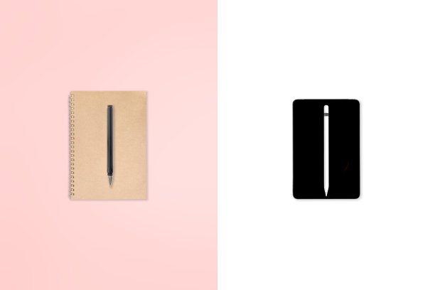 平放照片的办公室桌子与笔记本电脑和数字平板电脑和配件。对现代的两种色调(白色和粉色)背景。桌面办公室模型概念。图片下载