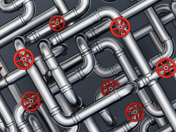 三维插图的跨越水管与红阀门图片下载