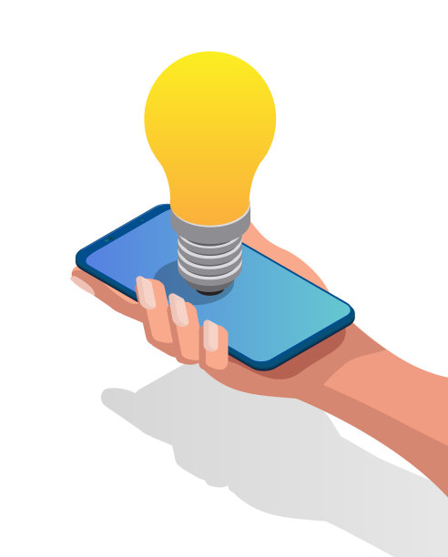 插图的主意。智能手机上附带的灯泡。人类手中的智能手机。等距三维图片下载