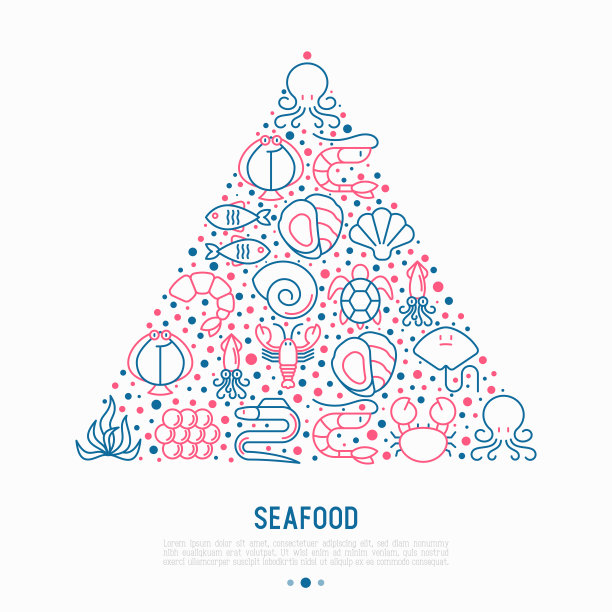 海鲜概念在三角形与细线图标:龙虾，鱼，虾，章鱼，牡蛎，鳗鱼，海藻，螃蟹，坡道，海龟。现代矢量插图餐厅菜单。图片下载
