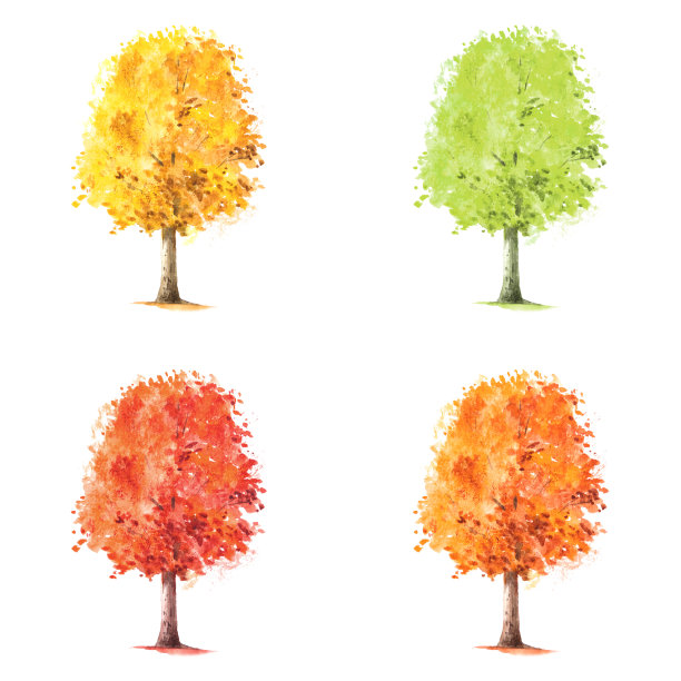 一组黄色，绿色，红色的水彩树。素材图片