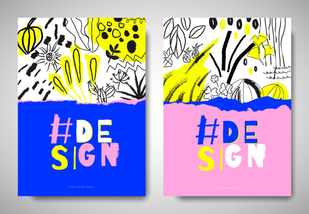 封面/请柬模板设计，带有抽象手绘植物和涂鸦艺术元素/蓝色、黄色和粉色调的撕裂纸图片下载