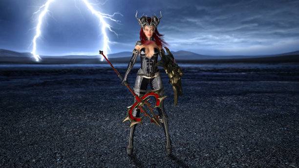 古代战士女王，女性幻想战士在战斗盔甲与中世纪武器和盾牌，3D渲染图片下载