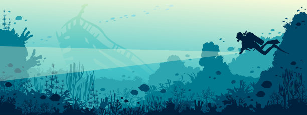 水肺潜水员，水下沉船，珊瑚礁，大海。图片下载