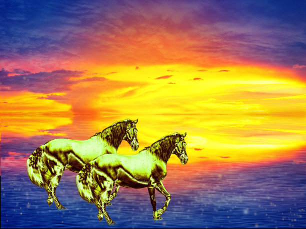 两匹金马冲过水面，奔向夕阳。图片下载