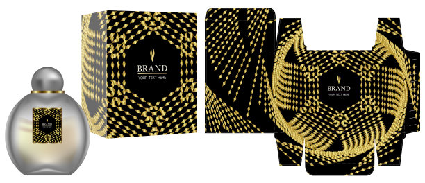 包装设计，化妆品容器上的标签与黑色和金色豪华盒模板和模型盒。说明向量。图片下载