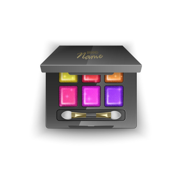 色彩鲜艳的现代眼影。模型在3d插图，俯视图上的化妆品在白色的背景图片下载