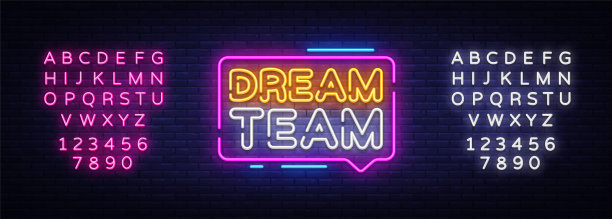 梦之队霓虹文本向量。梦之队霓虹招牌、设计模板、现代潮流设计、夜间霓虹招牌、夜间亮广告、灯光横幅、灯光艺术。向量。编辑文字霓虹灯图片下载