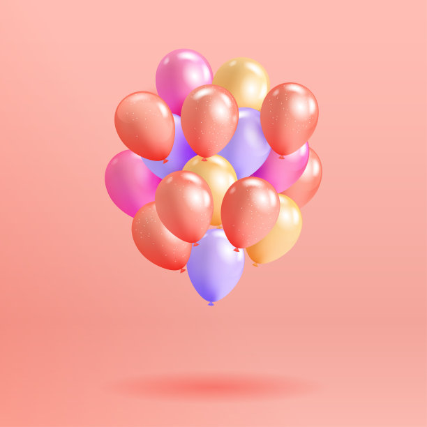 一套逼真的光滑氦气球漂浮在粉红色的背景。矢量3D气球的生日，派对，婚礼或推广横幅或海报。色彩柔和的生动插图。图片下载