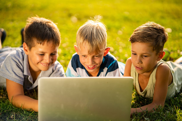 可爱的男孩躺在草地上使用笔记本电脑图片下载