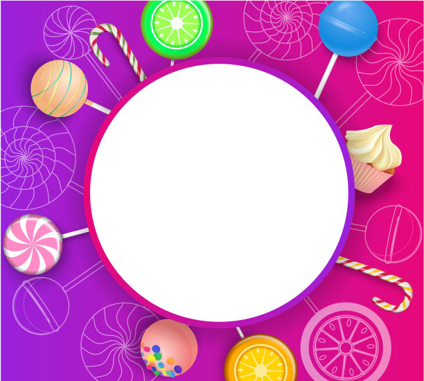 粉红色和紫色的圆形背景与彩色棒棒糖。图片下载