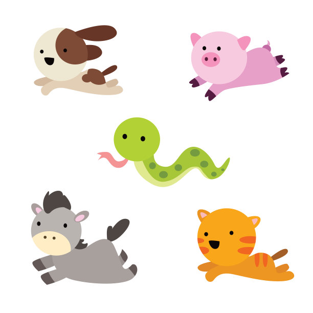 可以看到各种各样的可爱动物在奔跑，小狗，小猫，小蛇，小驴和小猪，卡通人物图片下载