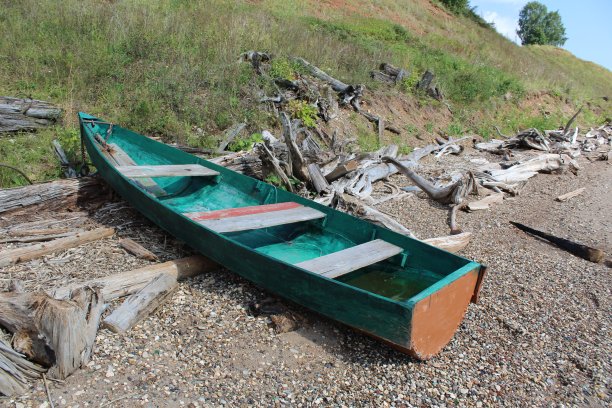 照片渔船躺在美丽的岸边的石头和沙子钓鱼和散步在河，湖。图片下载