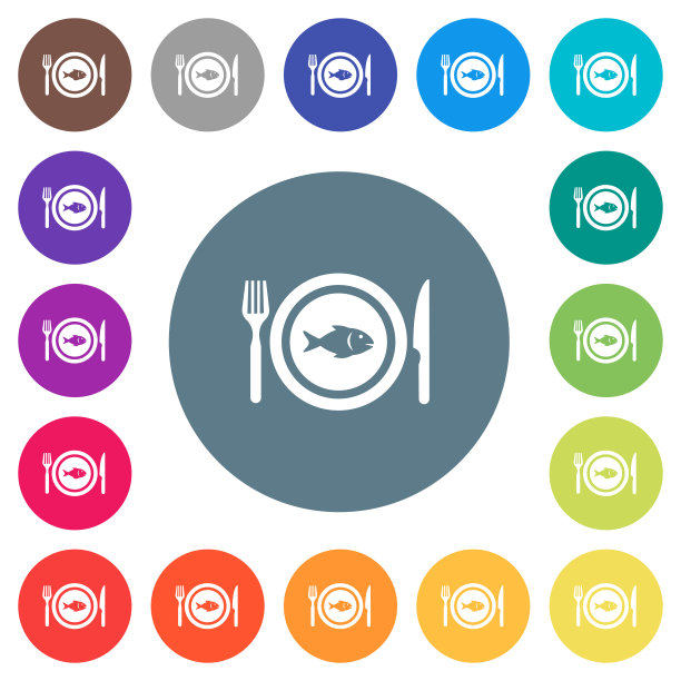 鱼为午餐平坦的白色图标在圆形背景图片下载
