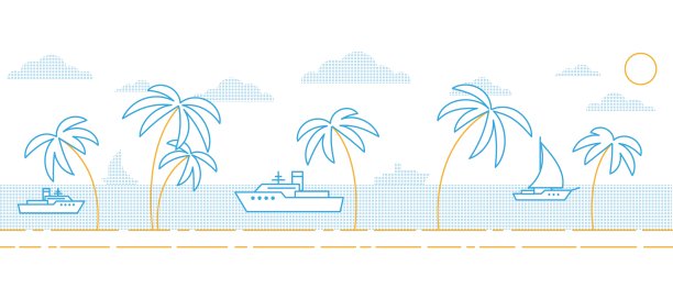 一个简单的极简主义海景，海边有棕榈树和船只图片下载