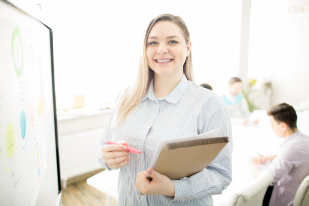 在商学院学习、学习市场营销的快乐、自信、迷人、肥胖的女士，她拿着画板和纸，在会议室里看着摄像机图片下载