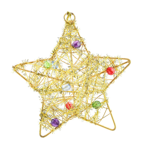 圣诞玩具。五角星闪亮的金箔与彩色石头孤立的背景图片下载