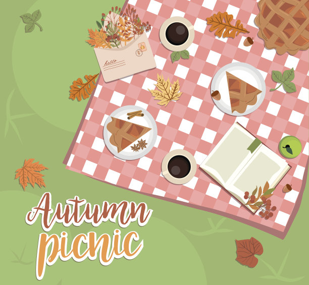 秋天野餐插图。感恩节邀请函或贺卡。秋天的风景，树叶和食物在红色格子，俯视图插图。图片下载
