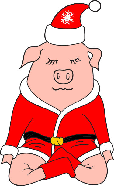 手绘涂鸦卡通猪坐在荷花姿势穿着圣诞老人服装。带雪花装饰的红色帽子，外套，腰带，靴子。圣诞新年2019贺卡。独特的风格图片下载