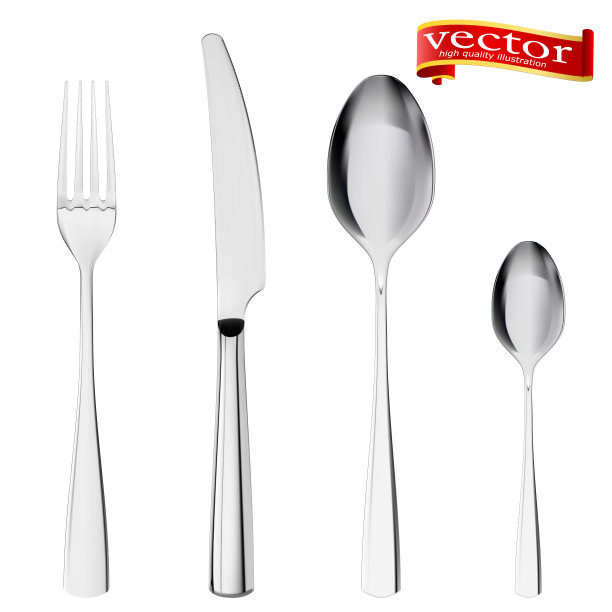 一套叉、刀、匙孤立在白色上。餐具匙，叉，刀矢量插图高细节图片下载