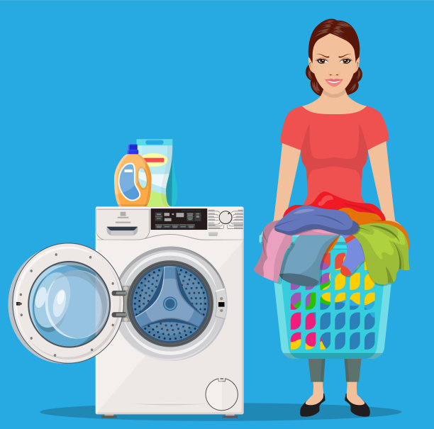 快乐的女孩站着，拿着洗衣篮图片下载