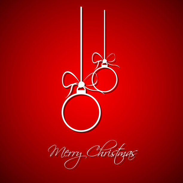 现代简单的白色圣诞球与蝴蝶结在红色的背景，节日贺卡与圣诞快乐标志，矢量插图图片下载