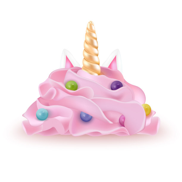 鲜奶油，色彩逼真的珍珠糖，独角兽角，蜡烛。详细的3d孤立在白色。网页或印刷包装的设计元素。向量图片下载