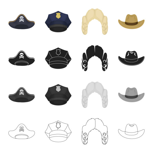 海盗的三角帽，警察的帽子，法官的假发，牛仔的。帽子集集合图标在卡通黑色单色轮廓风格向量符号股票插图web。图片下载
