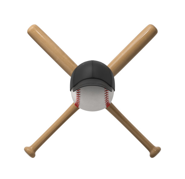 一个巨大的棒球的3d渲染与一个黑色的帽子放在它与两个交叉的球拍在背景。图片下载