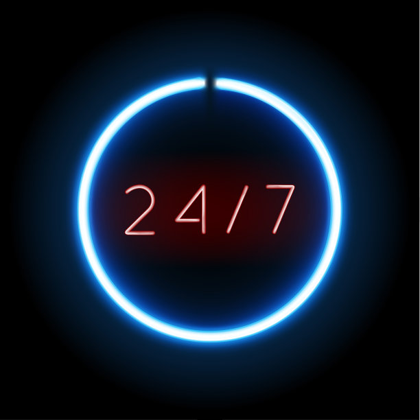 蓝色霓虹开放24小时7天标志圆形在黑色的背景。矢量插图。图片下载