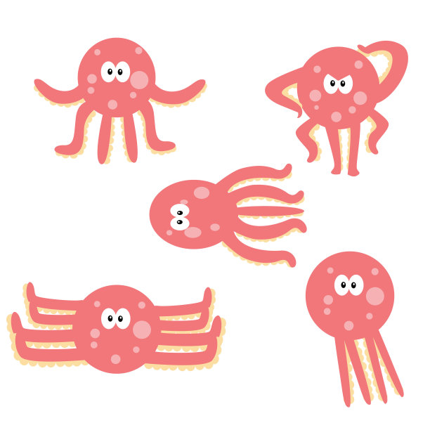 变异可爱的巨型章鱼摆出各种姿势，卡通人物图片下载