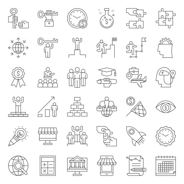 创业和成功企业家相关的图标，如心态，启动创业，愿景，时间管理，技能发展，众筹和市场调研，大纲可编辑笔画图标图片下载