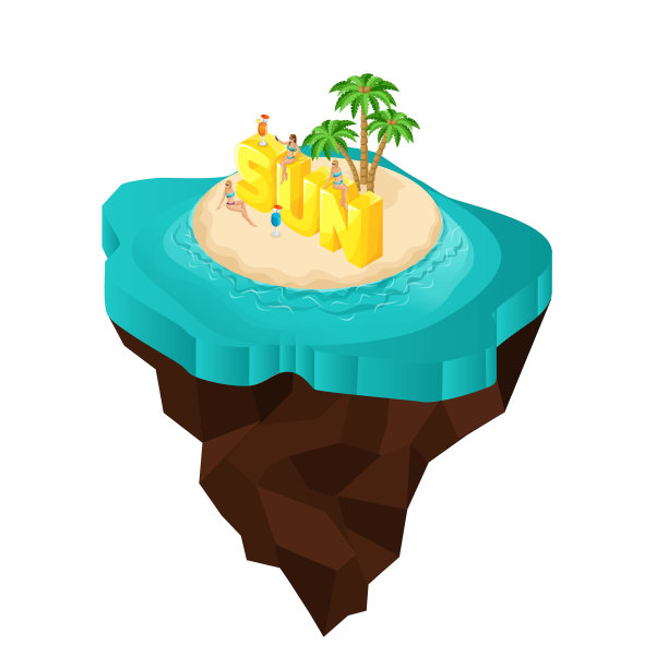 等距仙女岛，卡通，女孩坐在大字母，字体，太阳，大海图片下载