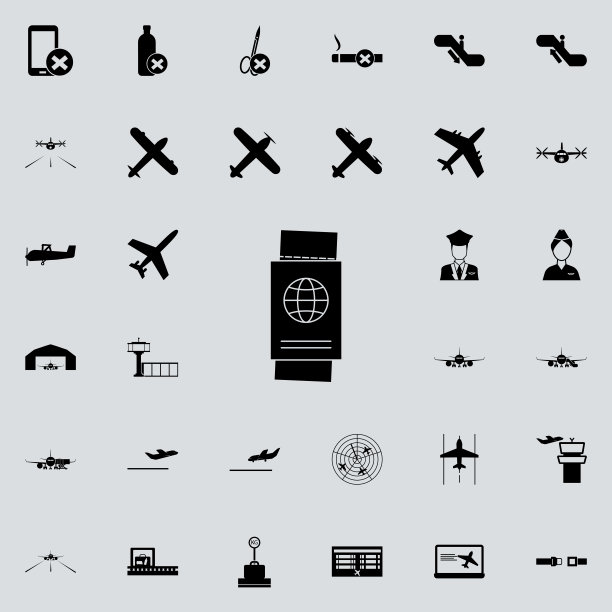 机票和护照图标。机场图标通用设置为网络和移动图片下载