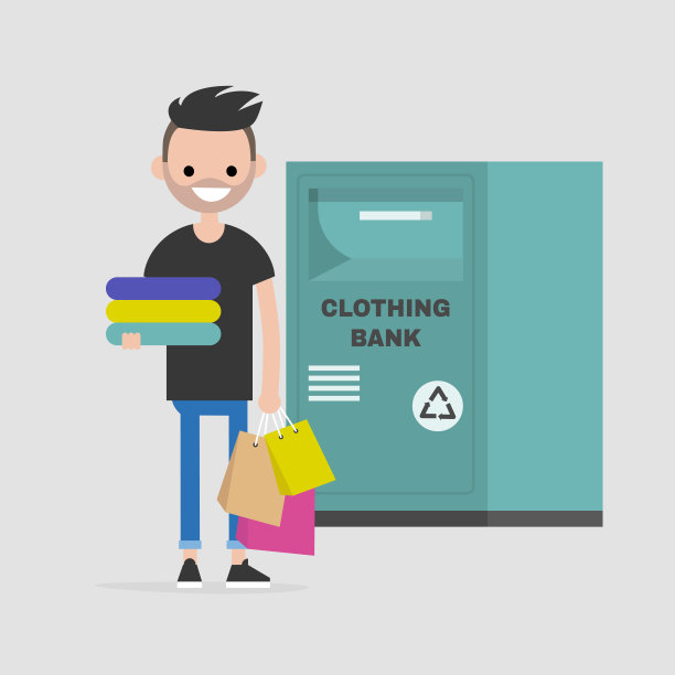 少年人物抱着一堆旧衣服。服装的银行。回收利用。容器。捐赠。平面可编辑矢量插图，剪辑艺术图片下载