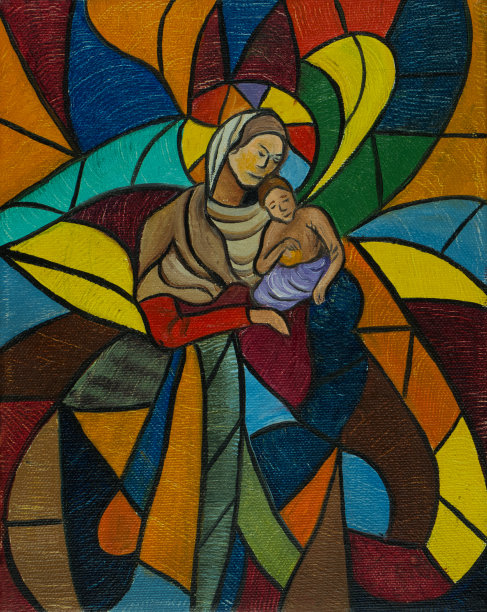 彩绘玻璃马赛克窗与妇女和儿童图片下载