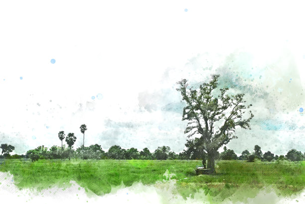 色彩丰富的树木和田野景观以水彩画为背景。图片下载