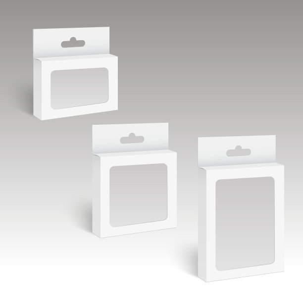 白色产品包装盒，带挂槽和塑料窗。模拟。向量图片下载