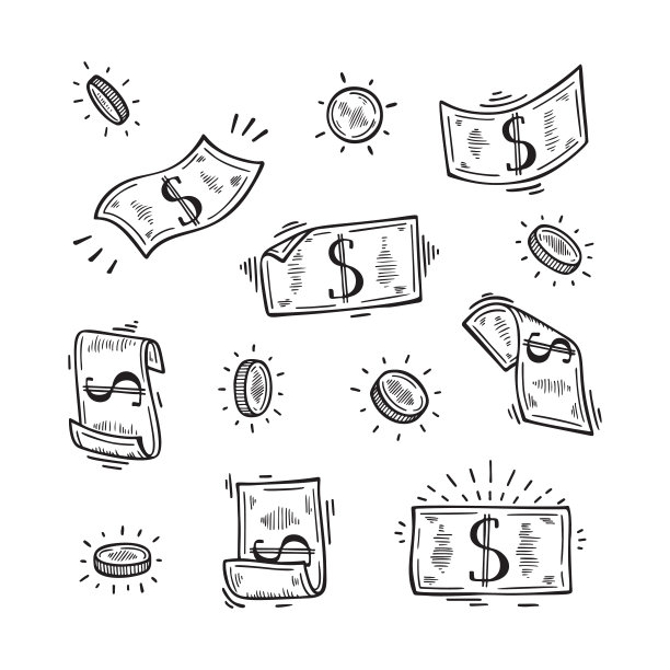 货币向量集。手绘涂鸦美元钞票和硬币图片下载