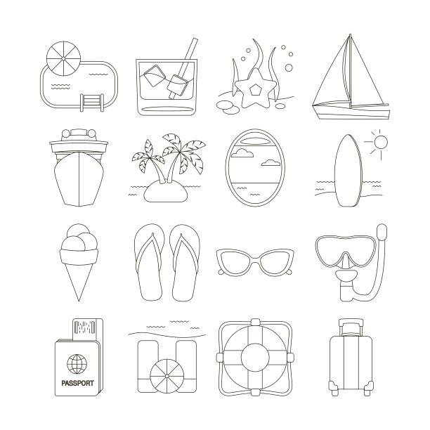 一套旅游/海上度假/邮轮/海上航行的海滩图标在线风格。矢量插图。图片下载