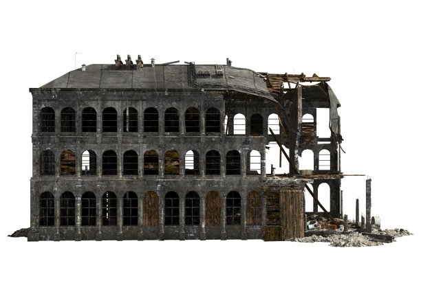 废墟建筑孤立的白色3D插图图片下载