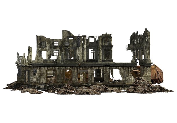 废墟建筑孤立的白色3D插图图片下载