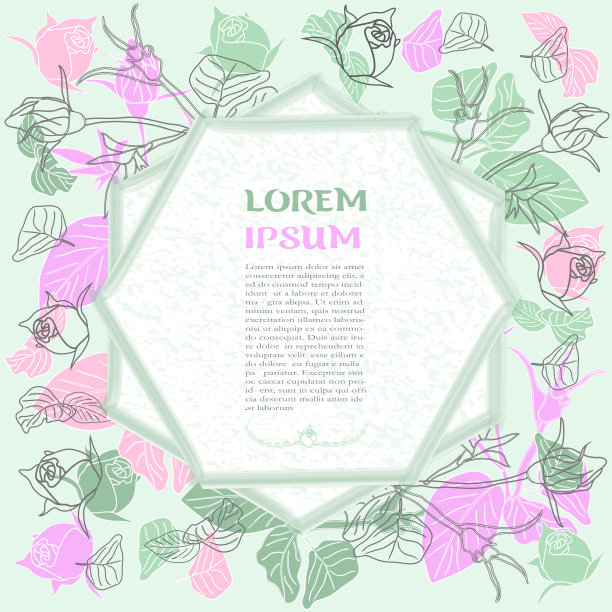 贺卡、请帖由粉红色和蓝色的玫瑰组成，在文字的框架下图片下载
