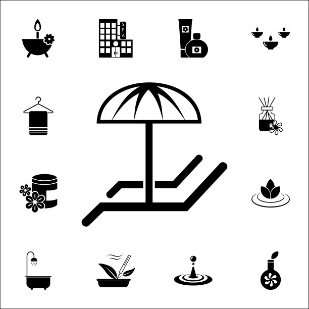 带有雨伞图标的躺椅。SPA图标通用设置为网络和移动图片下载