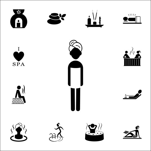 一个女孩包裹在一个毛巾图标。SPA图标通用设置为网络和移动图片下载