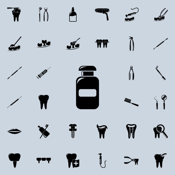 漱口水图标。详细的一套牙科图标。优质的平面设计标志。收藏图标之一的网站，网页设计，移动应用程序图片下载